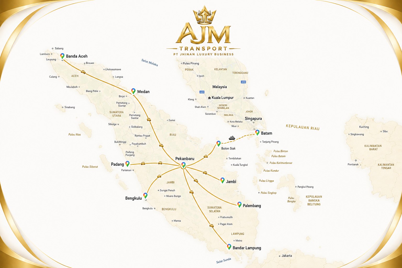 Peta jangkauan rute AJM Transport di Pulau Sumatra